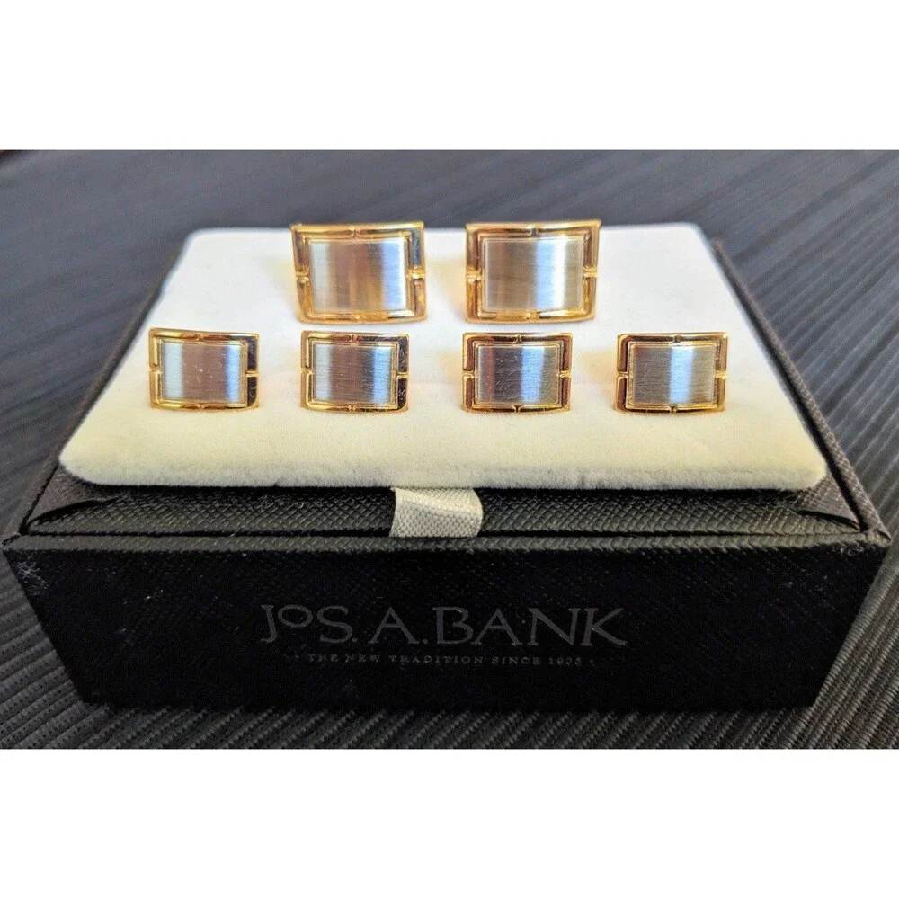 Jos A Bank Tuxedo Cufflink Stud Set Gold Frame & Brushed Silver Design